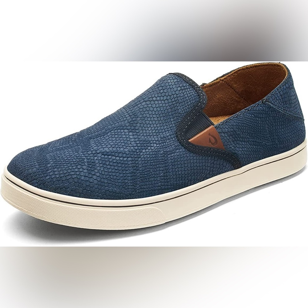 OluKai Pehuea Blue Slip-On Loafers with Reptile Pattern